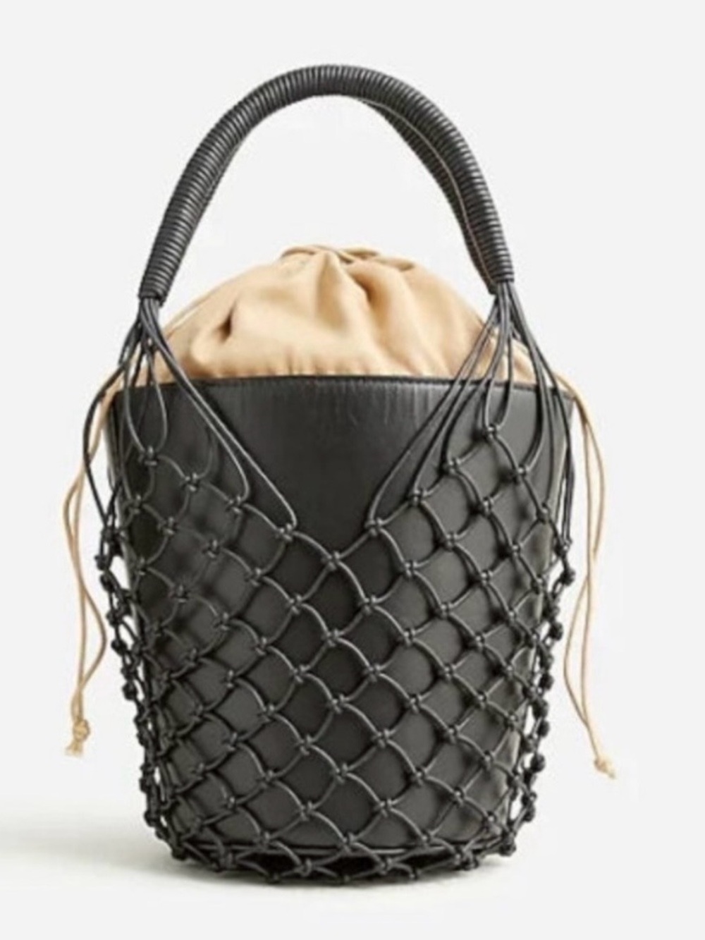 J Crew Sedona Black Woven Bucket Bag with Beige Liner
